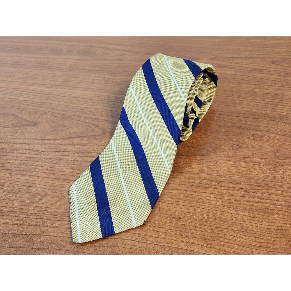 Lauren By Ralph Lauren Hand Finished 100% Silk Tie Blue & Gold Stripe 57"X 3.75"